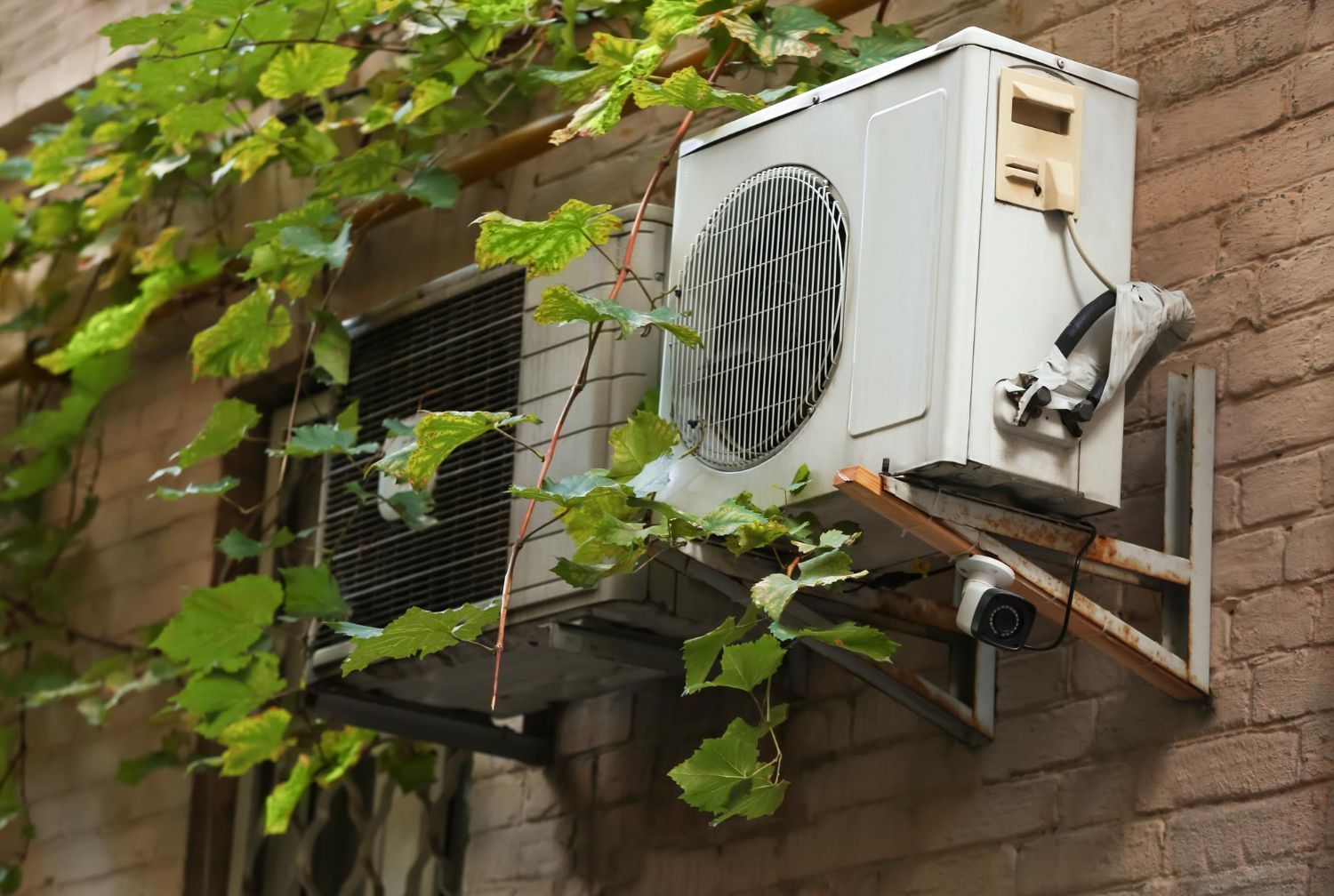 A couple of air conditioners mounted on a brick wall.