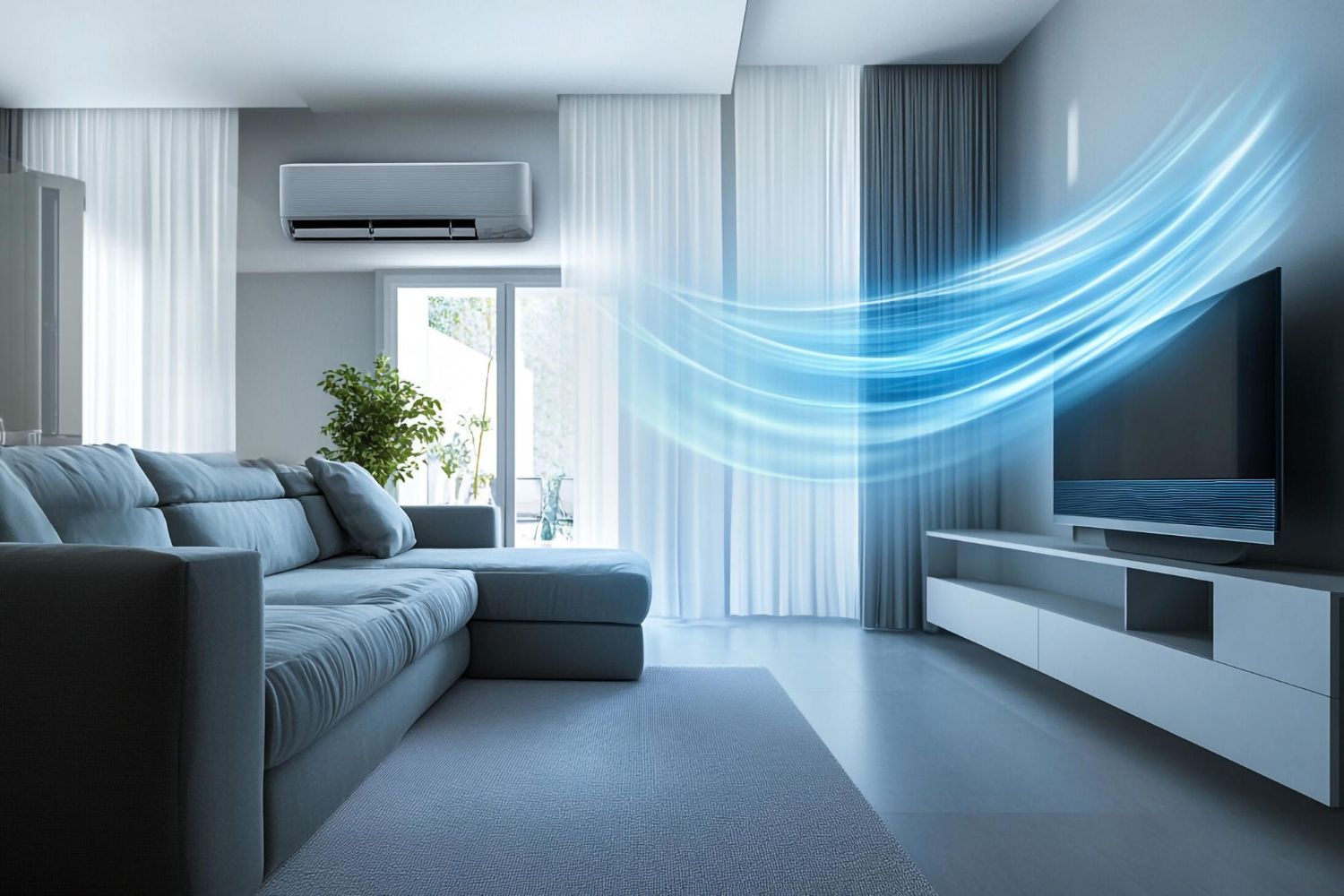 Modern living room with sofa, TV, air conditioner, and blue cooling airflow
