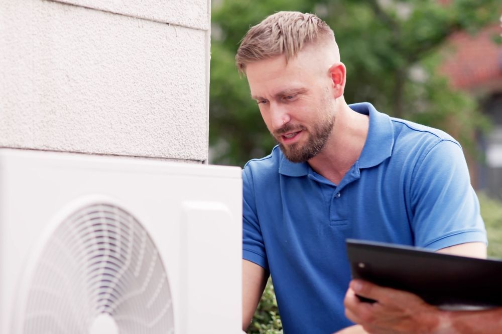 Man in blue shirt inspecting a white AC unit outdoors, holding a clipboard.