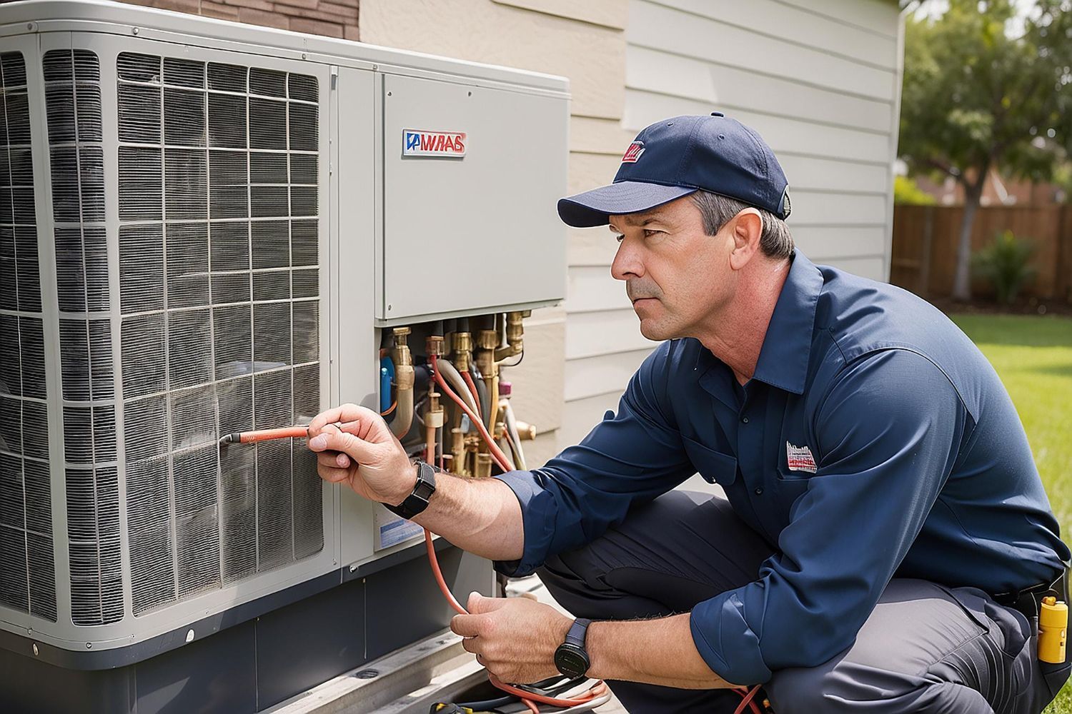 A man is working on an air conditioner outside of a house.