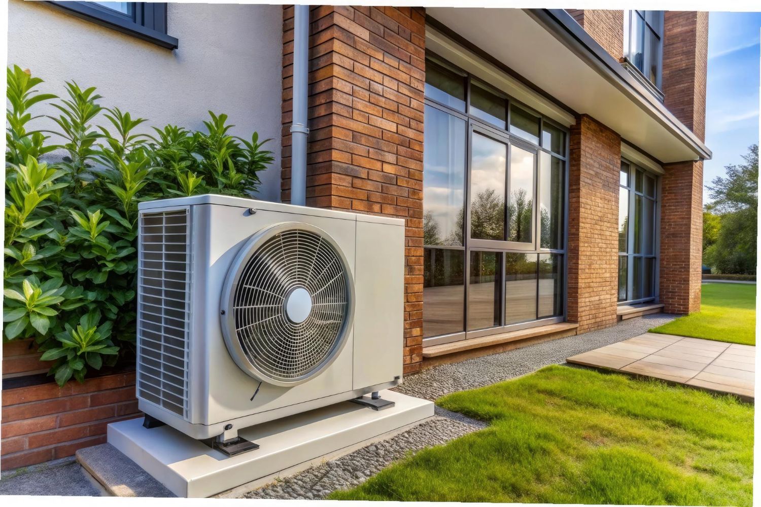 A large air conditioner is sitting outside of a brick building.