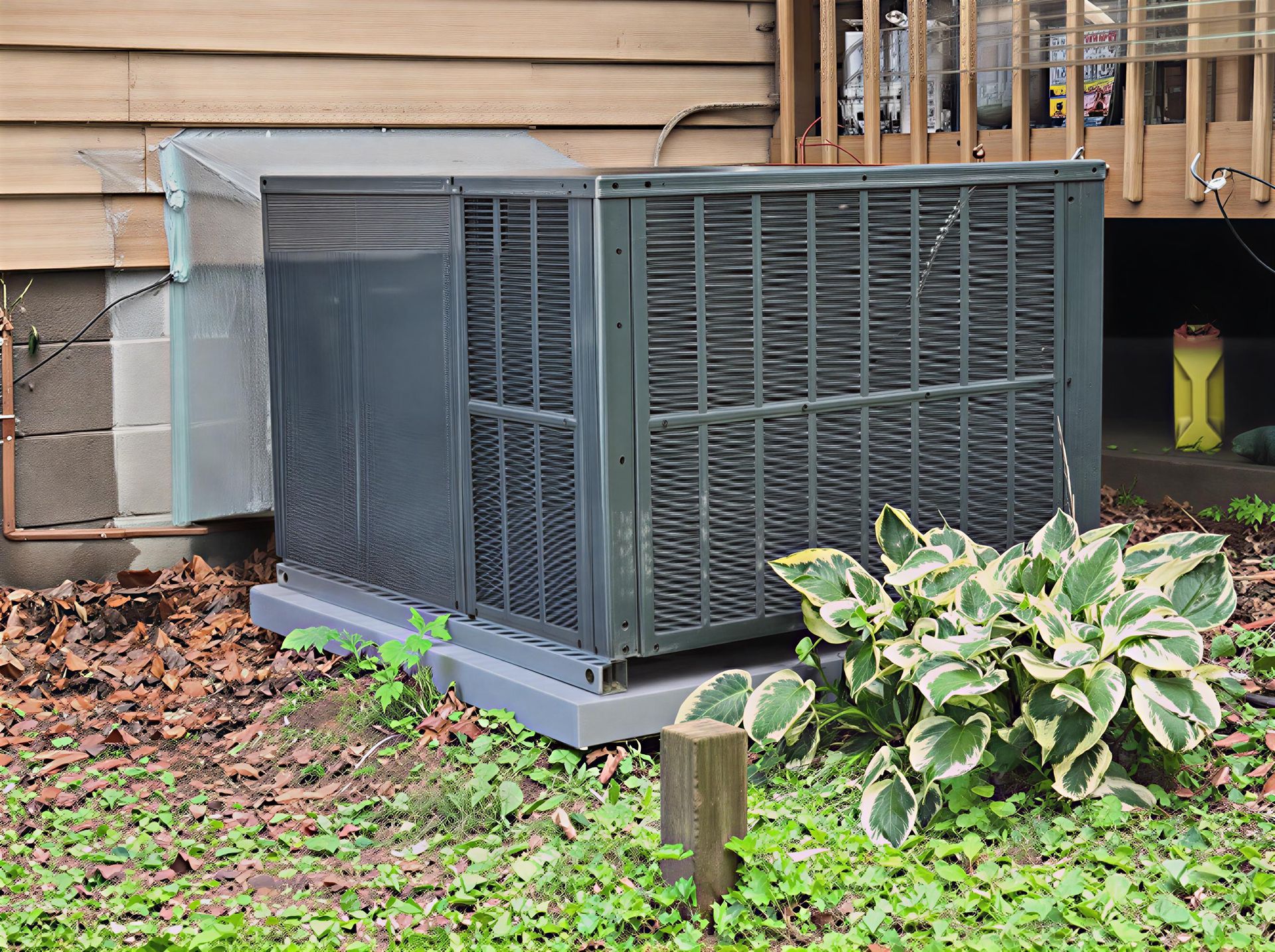 Gray HVAC unit next to a house with a small garden in front.