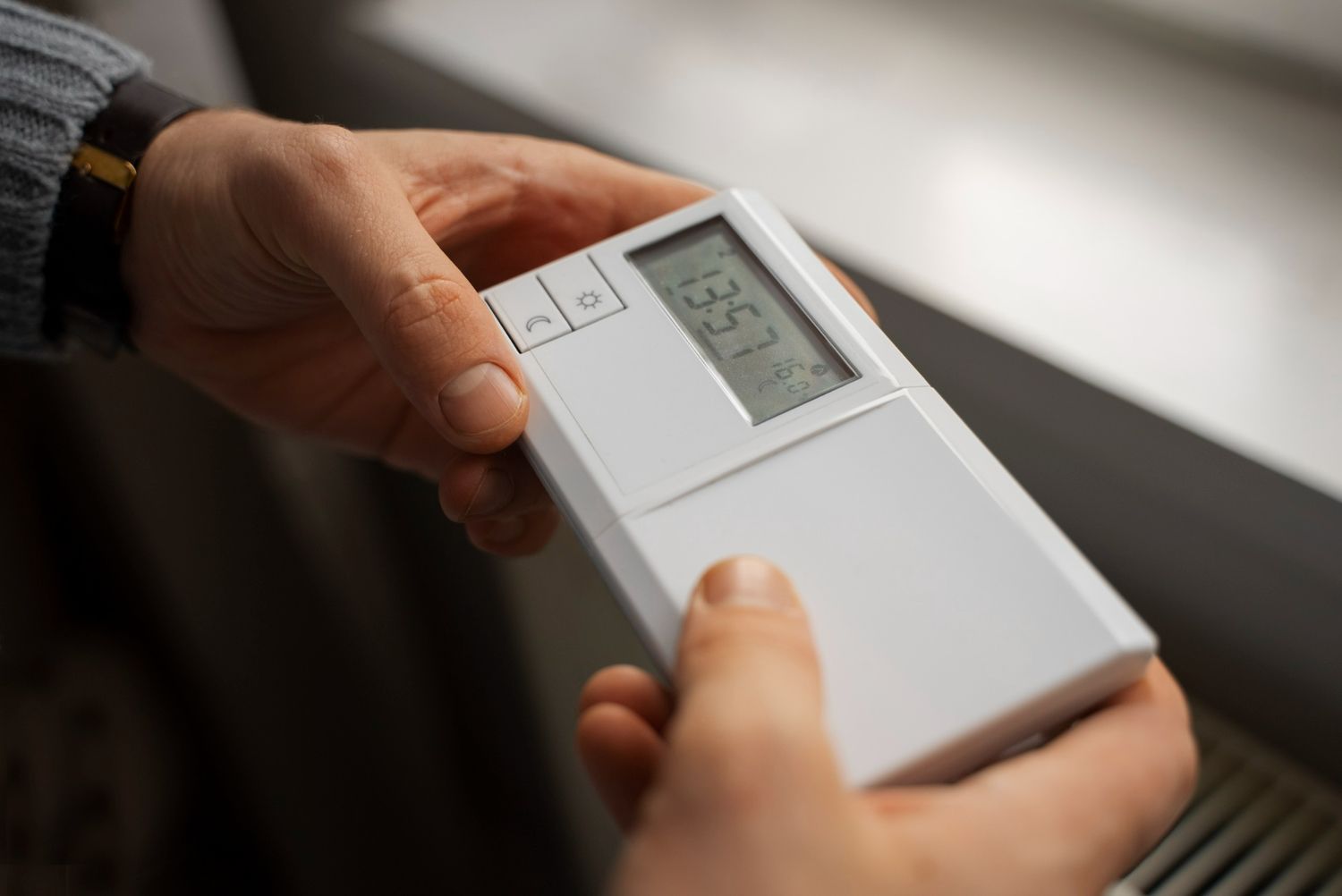 Person holding a white thermostat, digital display shows