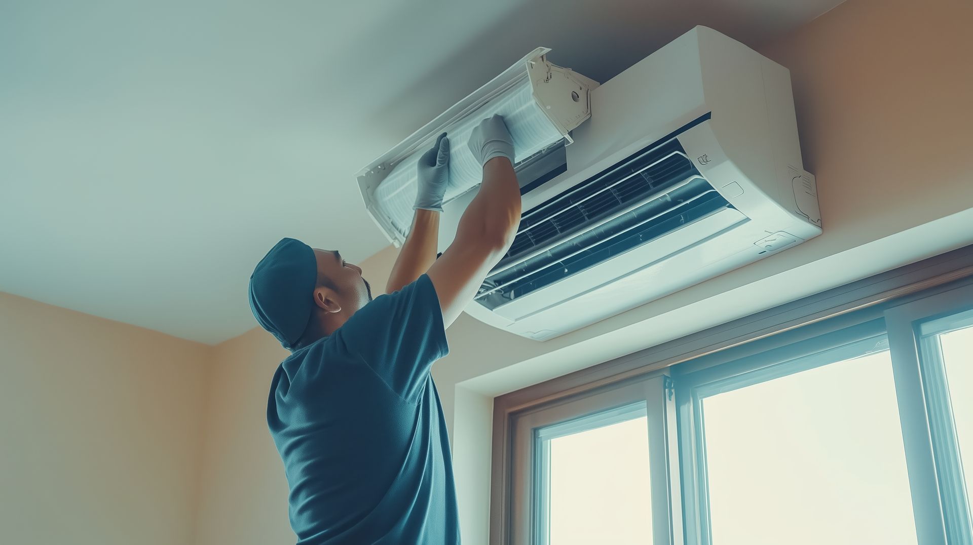 Person in gloves installs a white wall-mounted air conditioner unit near a window.