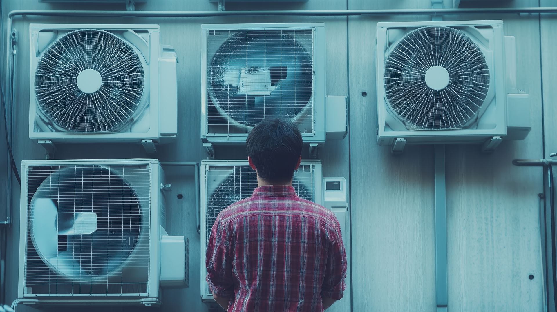 Person facing several air conditioning units, looking up. Red plaid shirt in front of industrial wall.