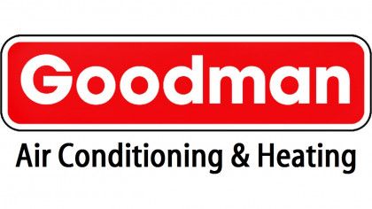 The logo for goodman air conditioning and heating is red and white.