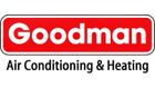 The logo for goodman air conditioning and heating is red and white.