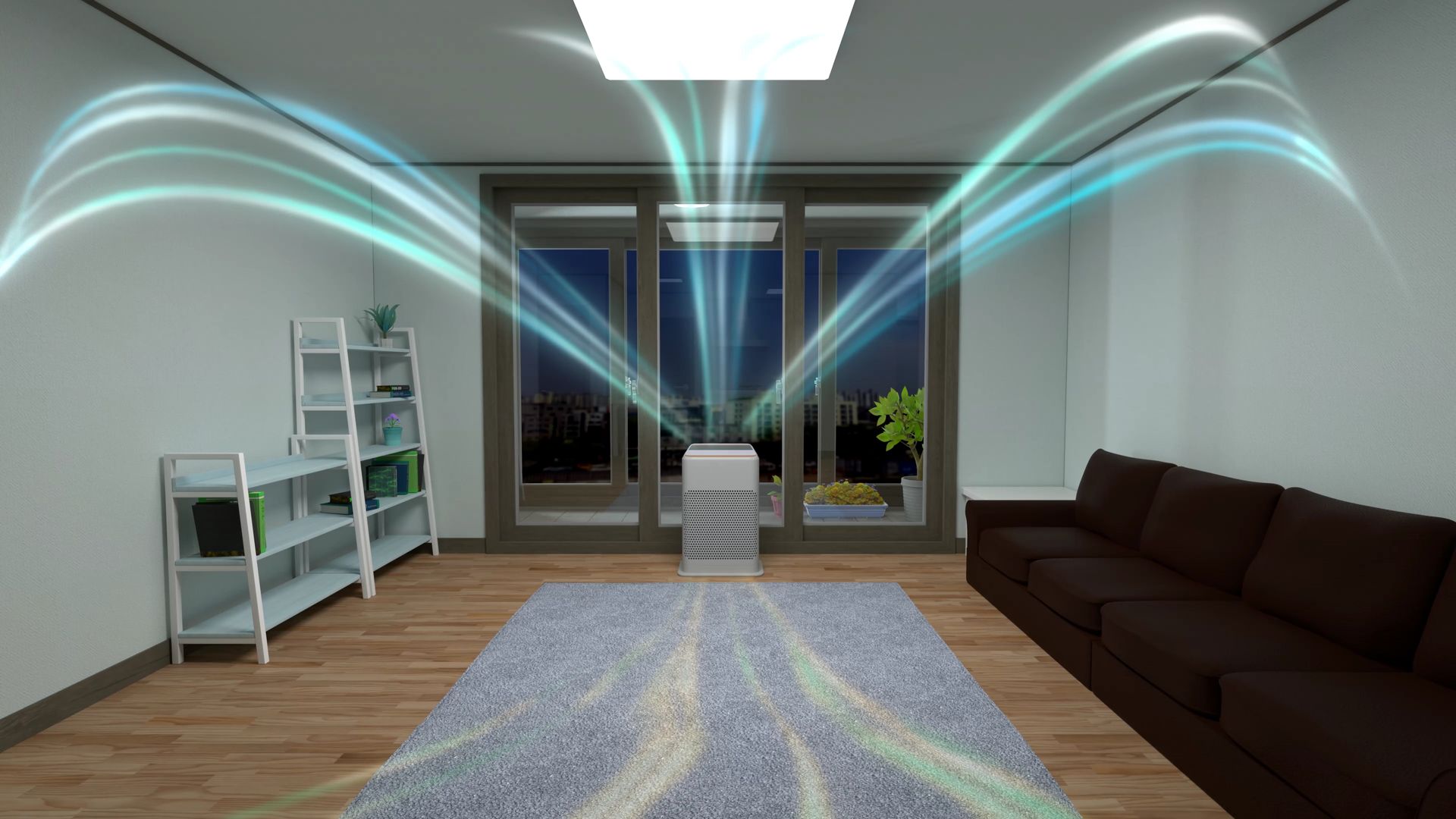 A living room with a couch and a rug and a light coming out of the ceiling.