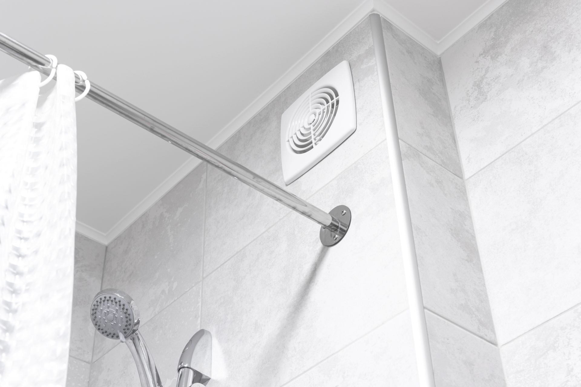 A bathroom with a shower head and a shower curtain.