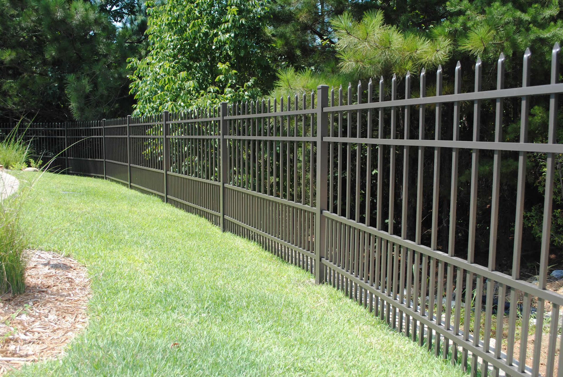 Minimalist black chain link fence enclosing a yard with a backdrop of lush green trees.