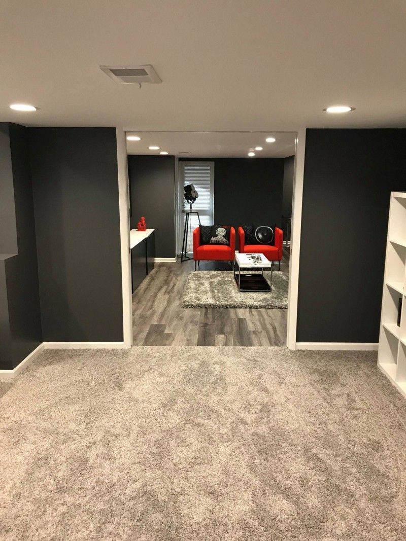 A basement with a living room and a dining room.