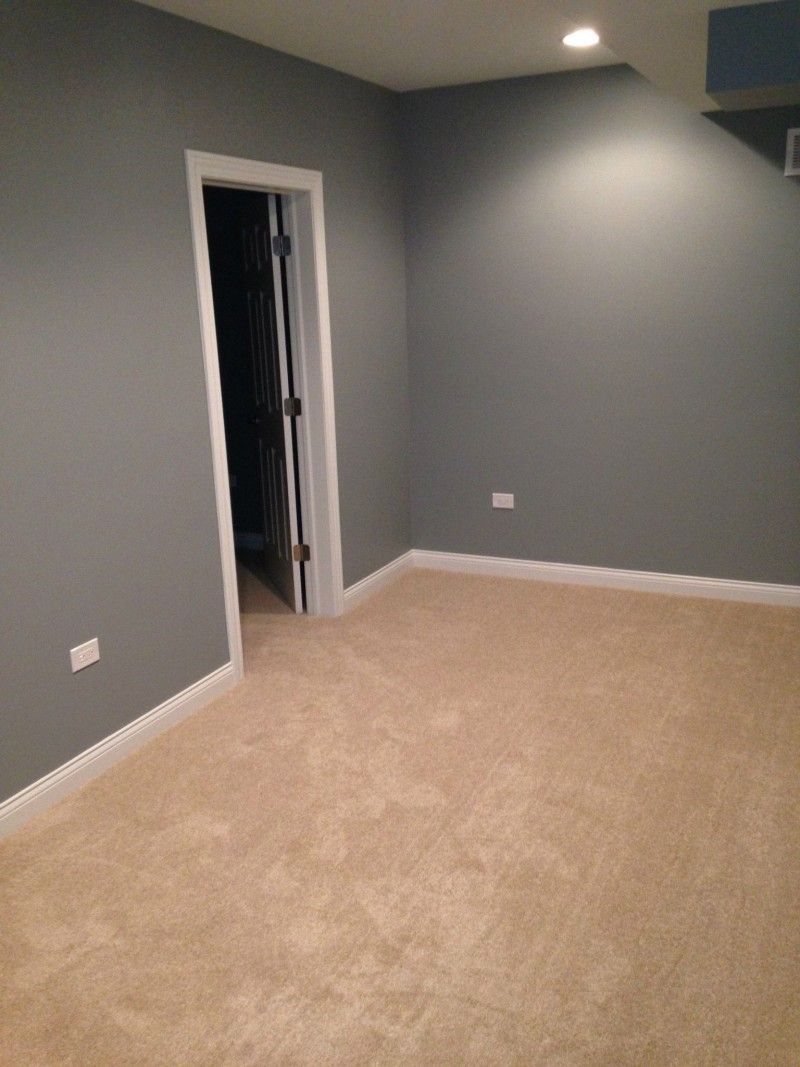 An empty room with gray walls and tan carpet