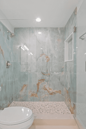 A bathroom with a toilet and a walk in shower.