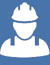 A white silhouette of a man wearing a hard hat and apron.