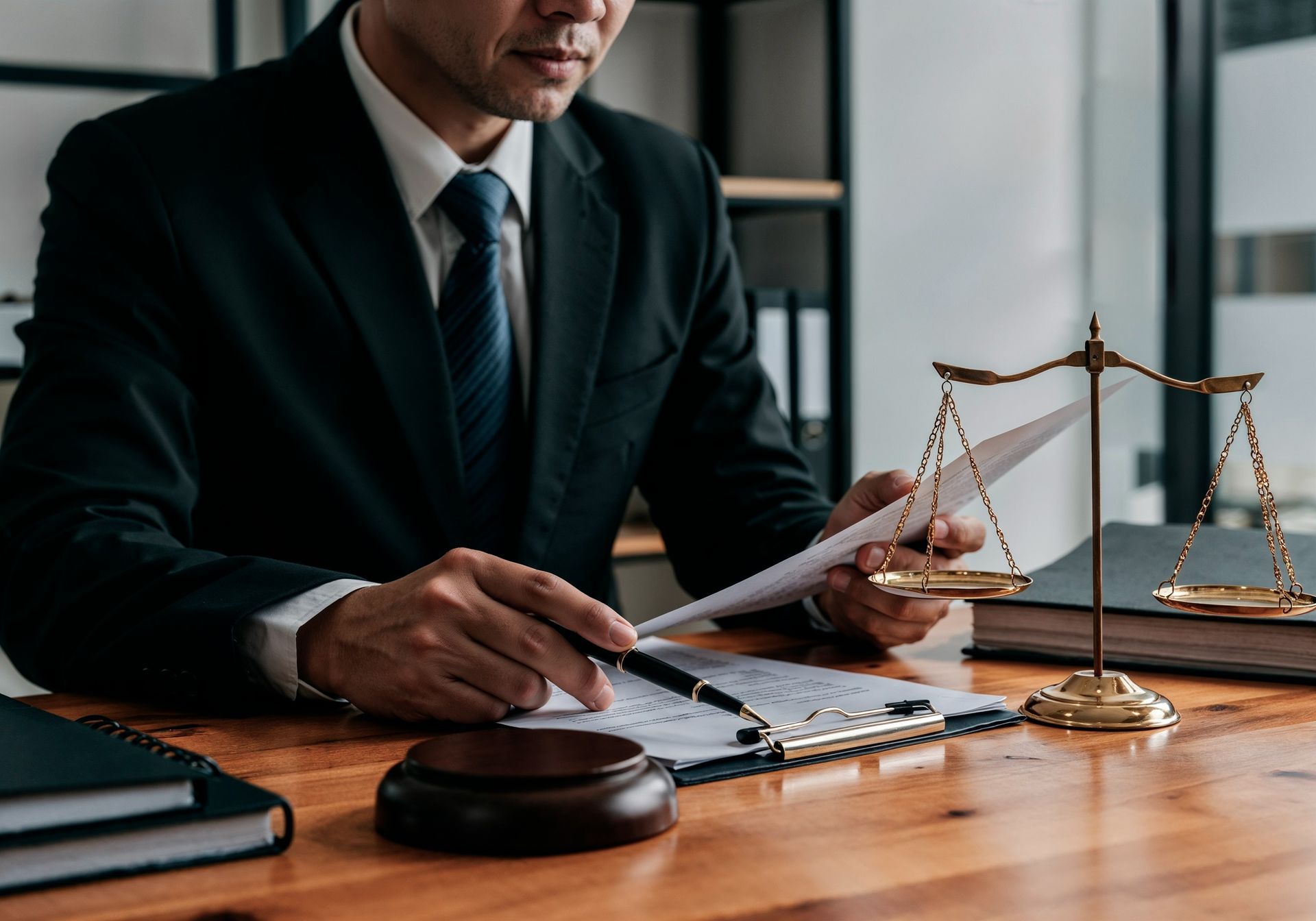 Lawyer in black suit reviewing documents at a desk, with scales of justice and gavel.
