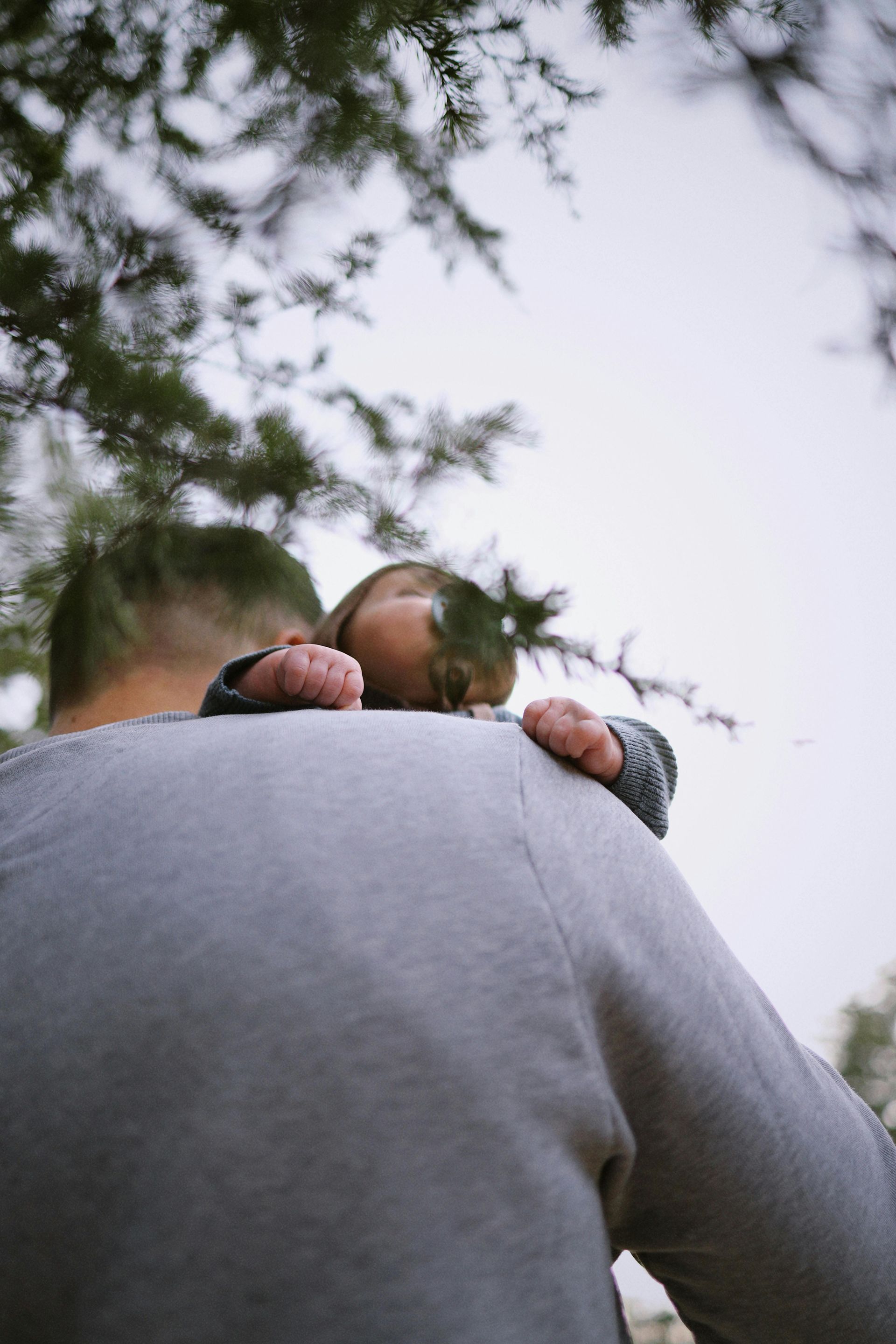 Person carrying a baby, outdoors. Baby's head rests on the person's shoulder, framed by tree branches.