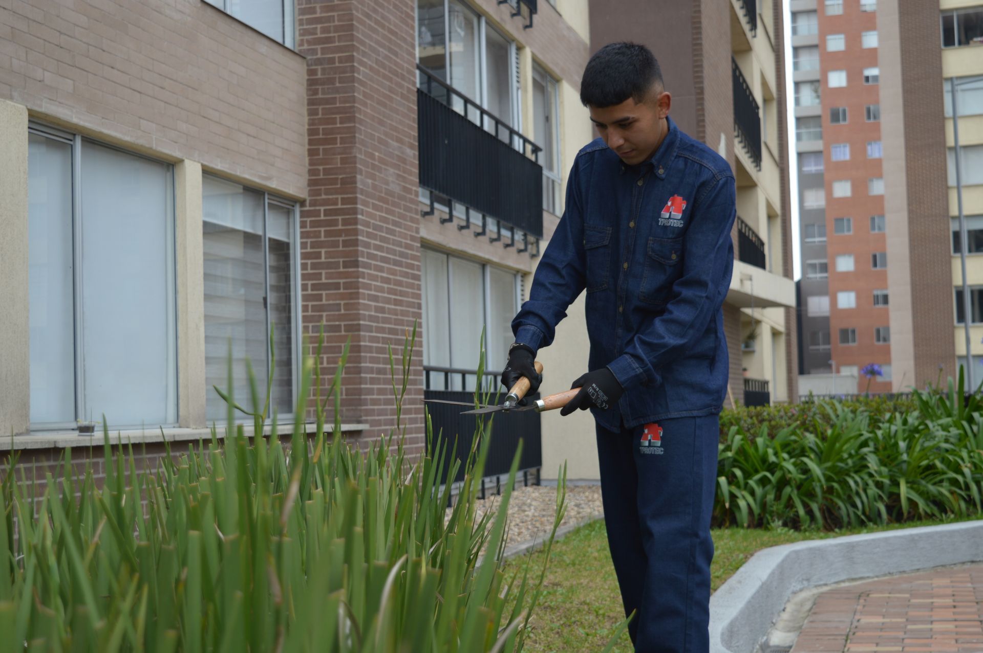 Un hombre está parado frente a un edificio cortando el césped con una cortadora de césped.