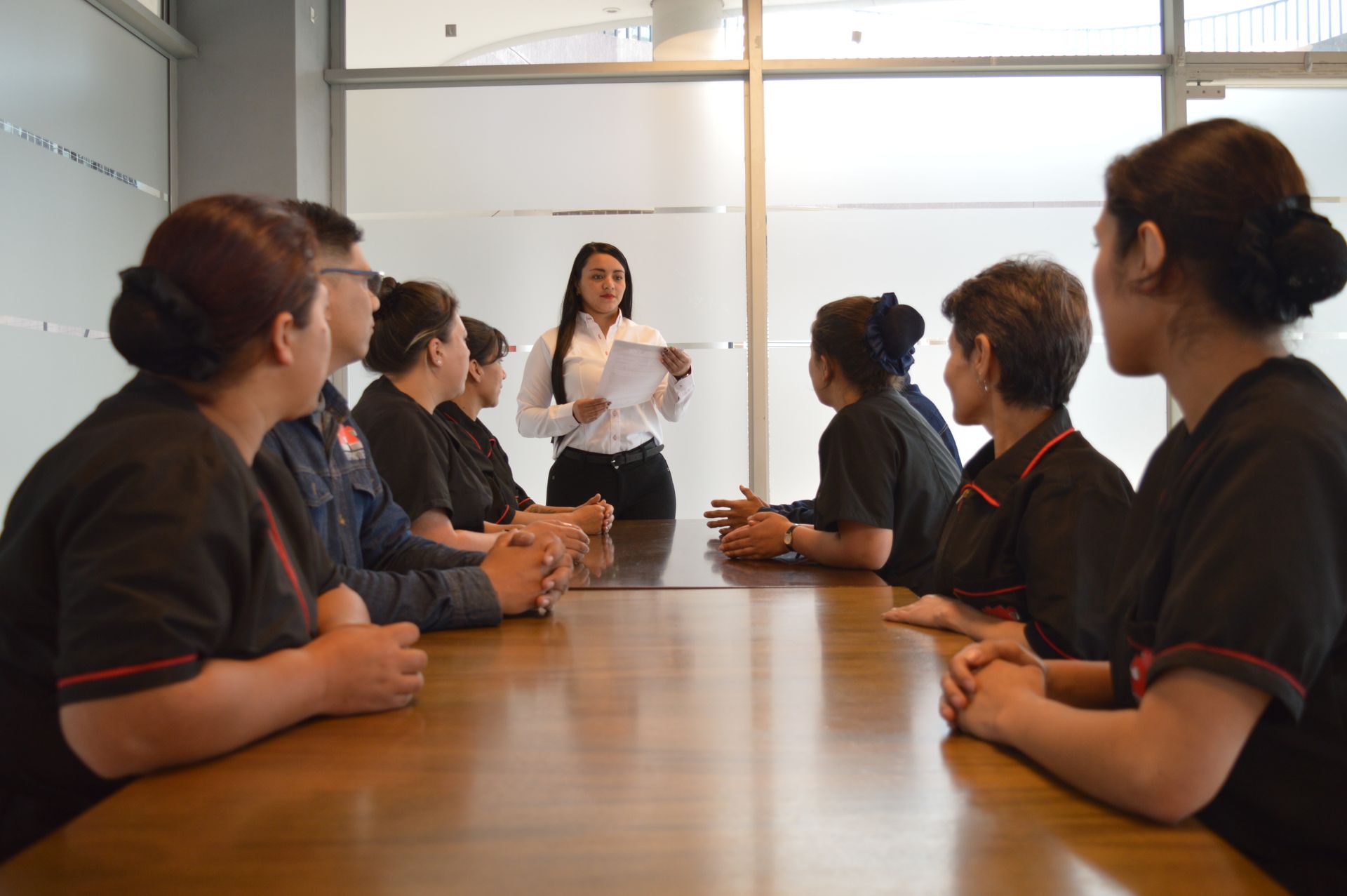 Una mujer está dando una presentación a un grupo de personas sentadas alrededor de una mesa.
