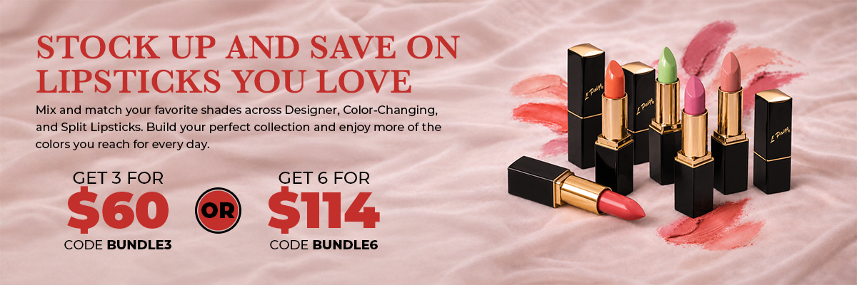 Lipstick sale ad with red and pink lipsticks, offering $60 and $114 bundle deals on a pale pink background