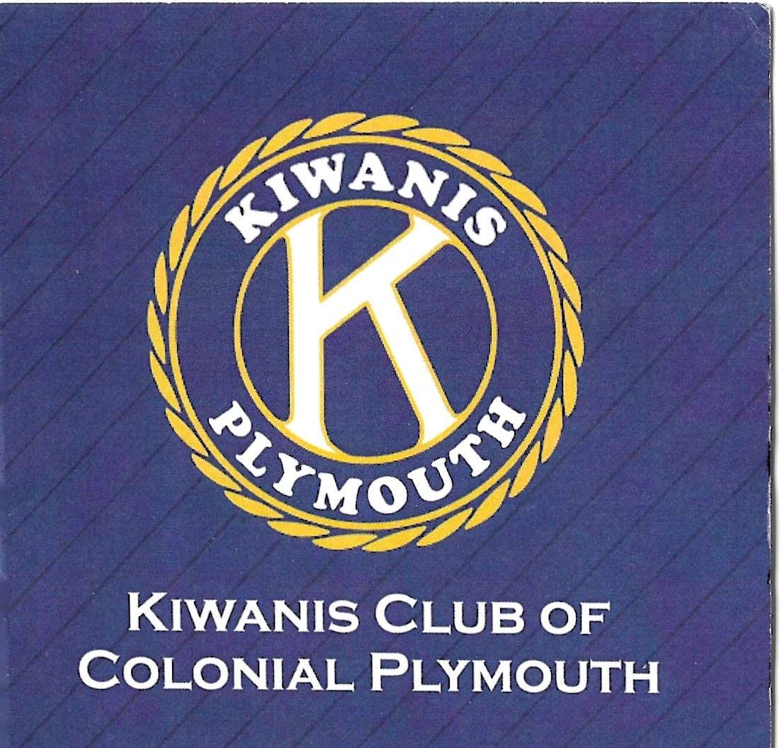 Logo for Kiwanis Club of Colonial Plymouth: blue background, gold circle with 
