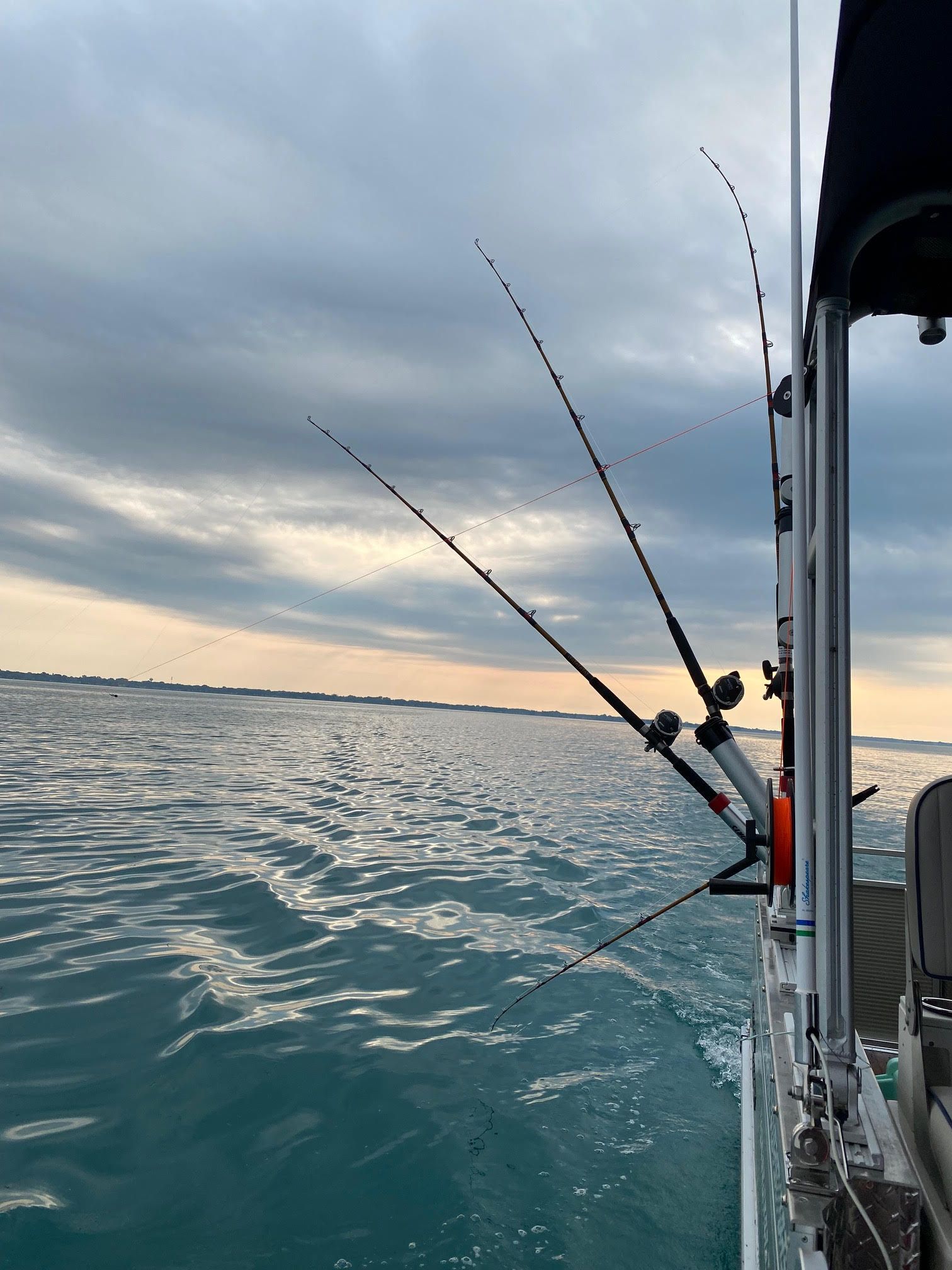 Fishing rods on a boat, overlooking the water with a cloudy sky at dusk.