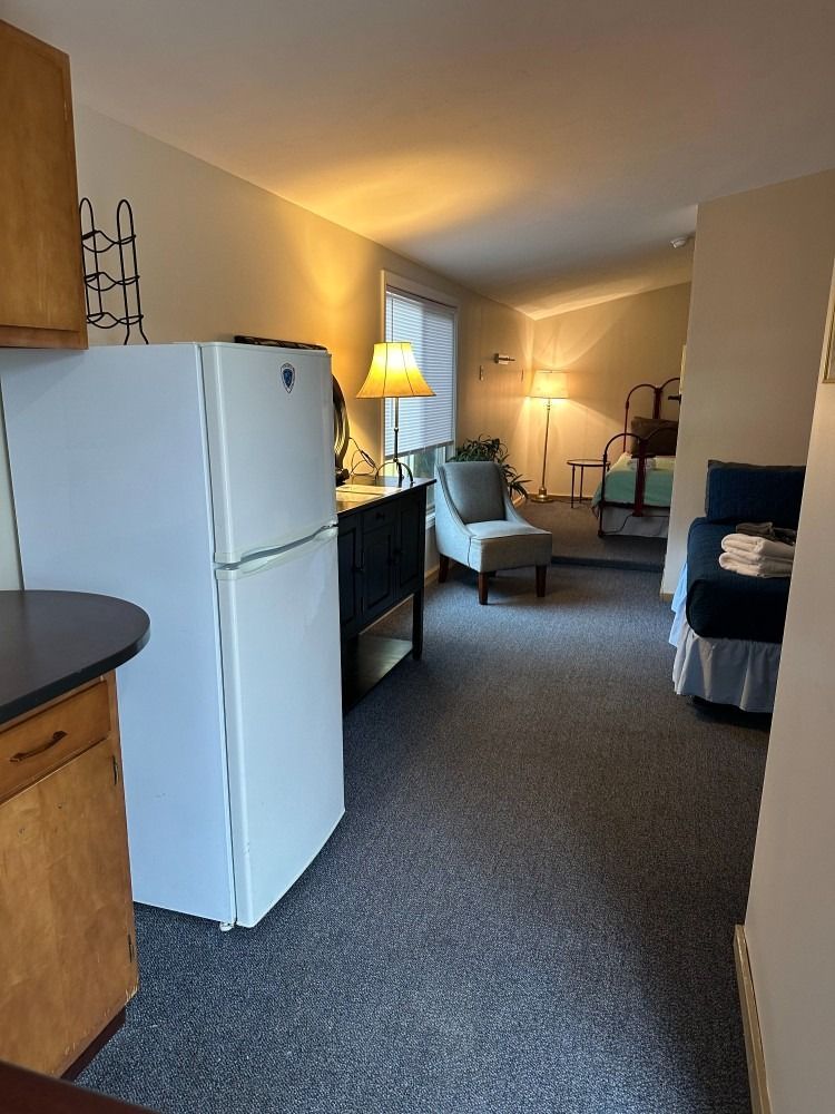 A living room with a refrigerator and a chair