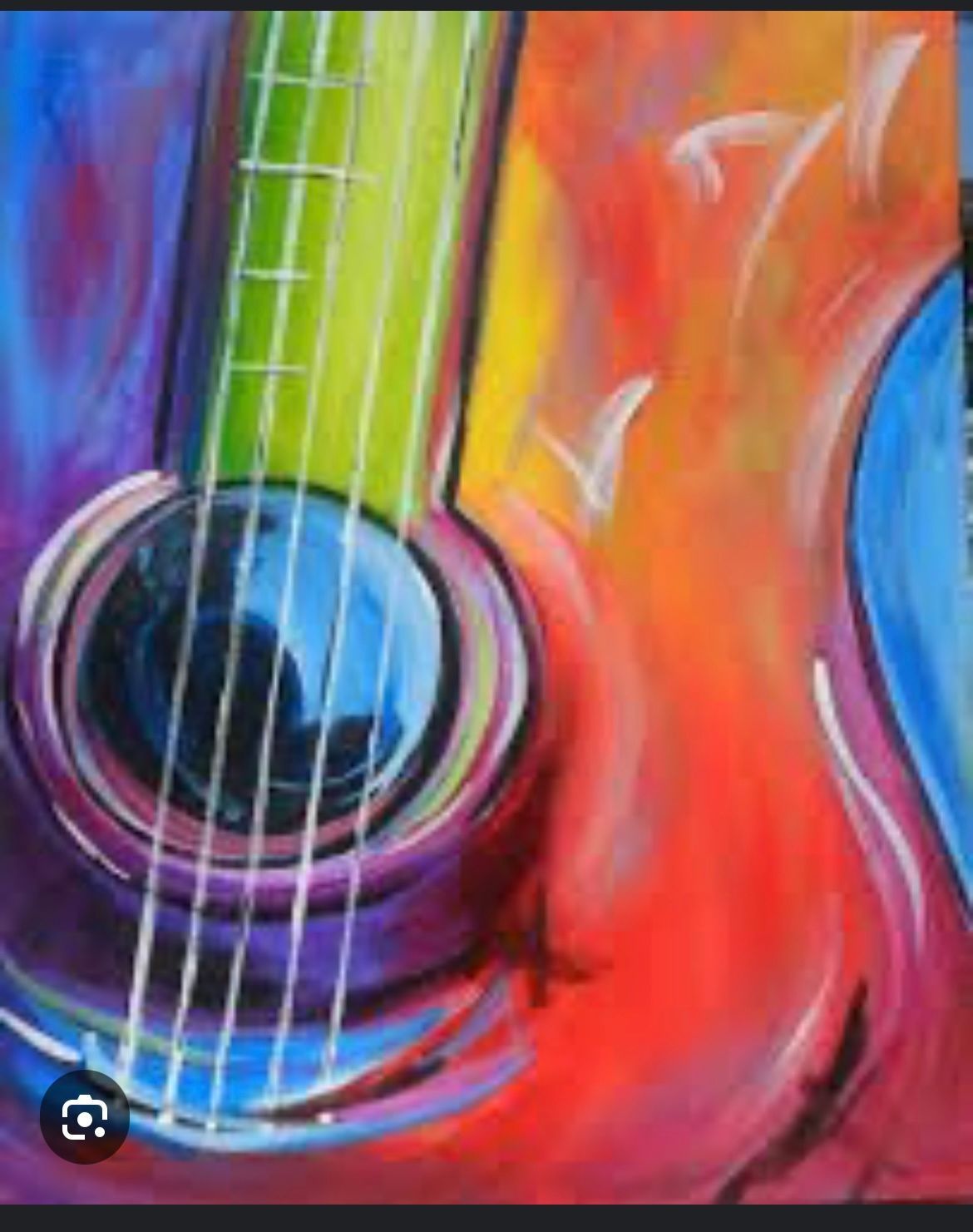 A colorful painting of an acoustic guitar on a colorful background.