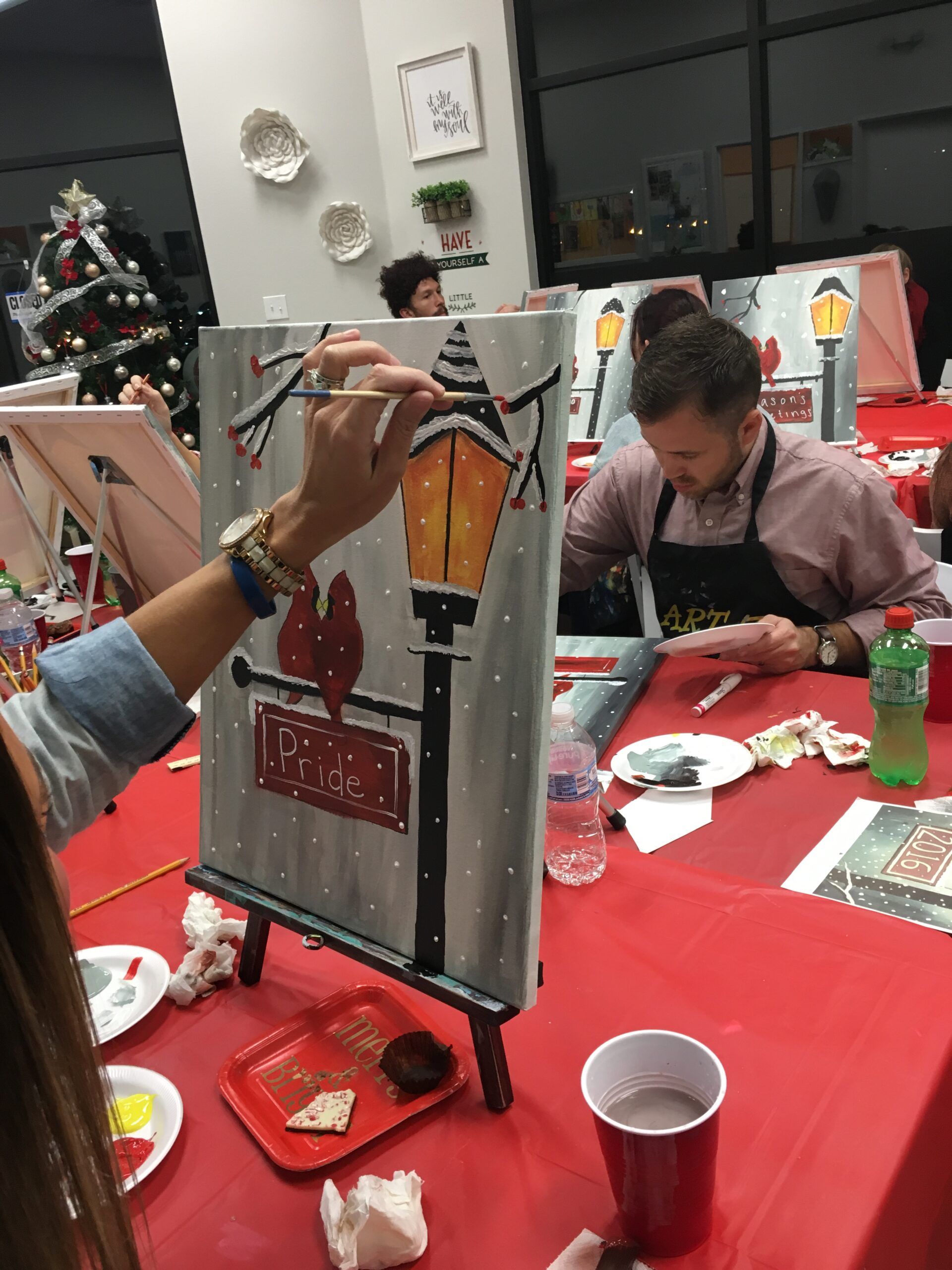 adults painting in art class