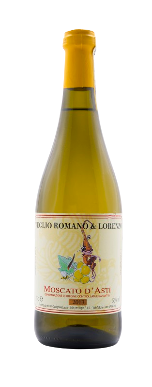 Una bottiglia di vino bianco con un tappo giallo su uno sfondo bianco.