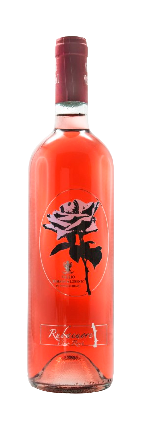 Una bottiglia di vino rosato con una rosa sull'etichetta.
