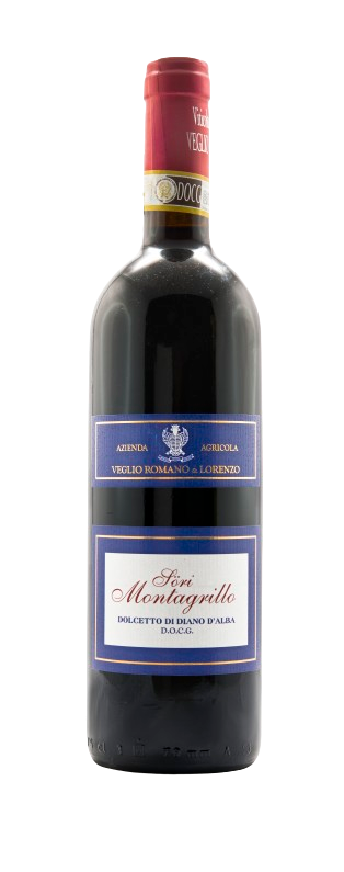 Una bottiglia di vino rosso con un'etichetta blu su uno sfondo bianco.