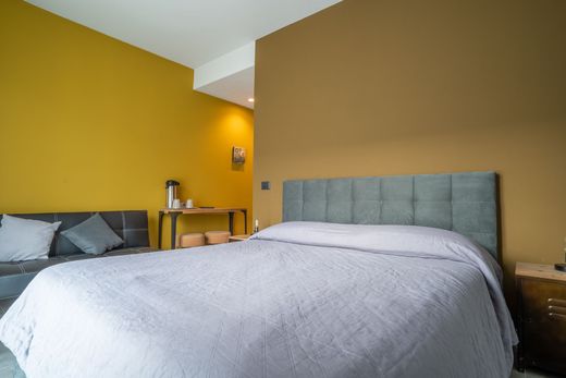 Una camera da letto con un letto, un divano, una scrivania e pareti gialle.