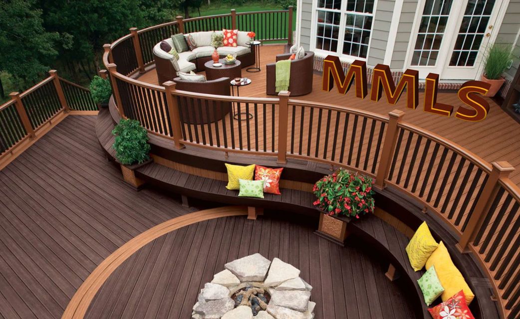 An aerial view of a wooden deck with a fire pit