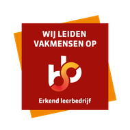 A red square with wij leiden vakmensen op written on it