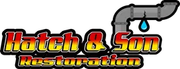 The company logo for Hatch & Son Restoration, featuring stylized red and yellow text under a leaking pipe graphic.