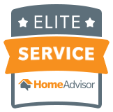 An elite service home advisor logo with an orange ribbon.