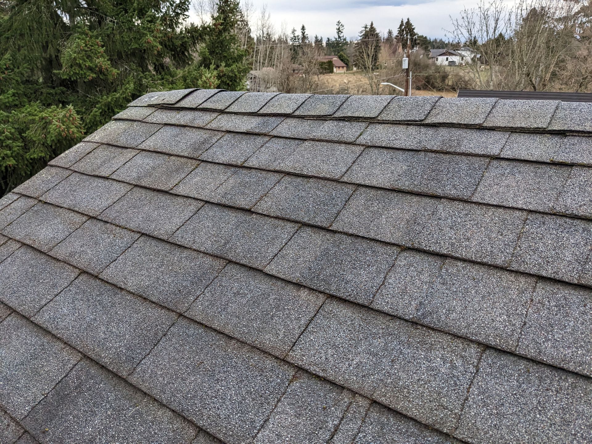 A close up of a roof with shingles and trees in the background.