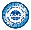 The logo for the international window cleaning association is a blue circle with a globe in the middle.