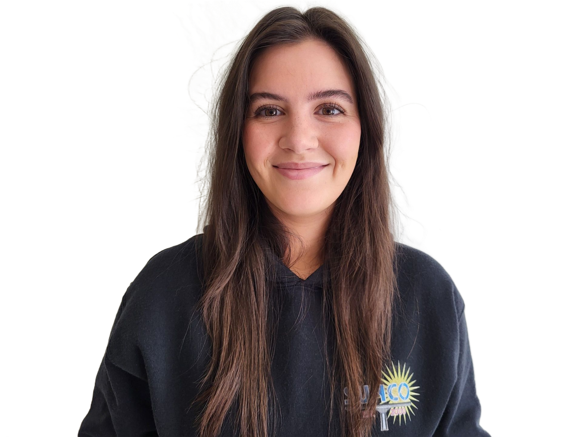 A woman with long hair is wearing a black sweatshirt and smiling.