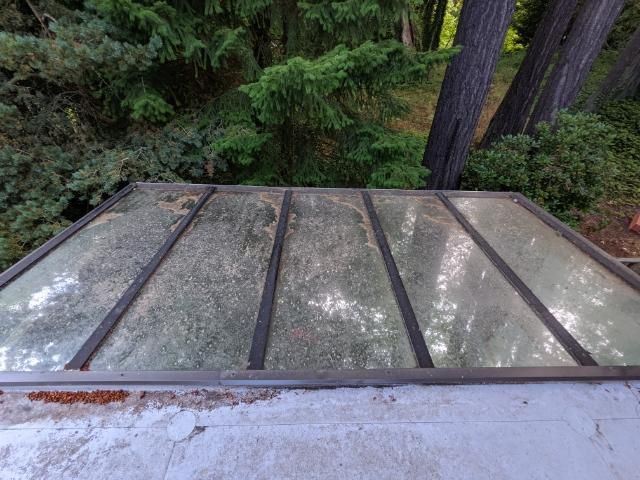 A roof with a glass roof and trees in the background.