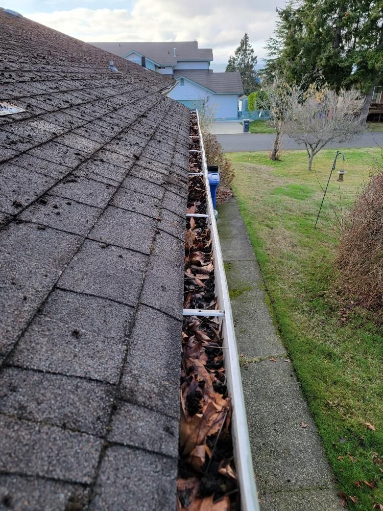 A gutter filled with leaves on a roof next to a sidewalk.