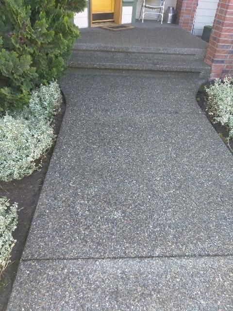 A concrete walkway leading to the front door of a house.