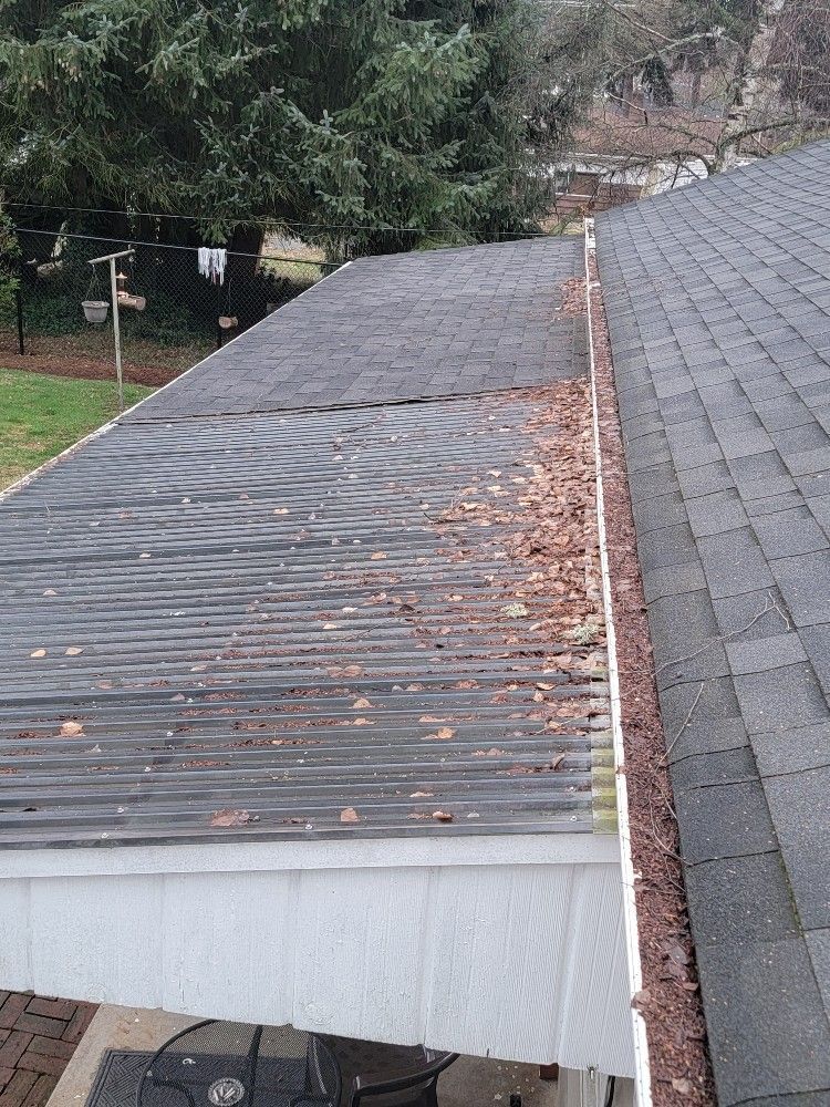 A gutter on the roof of a house with leaves on it.