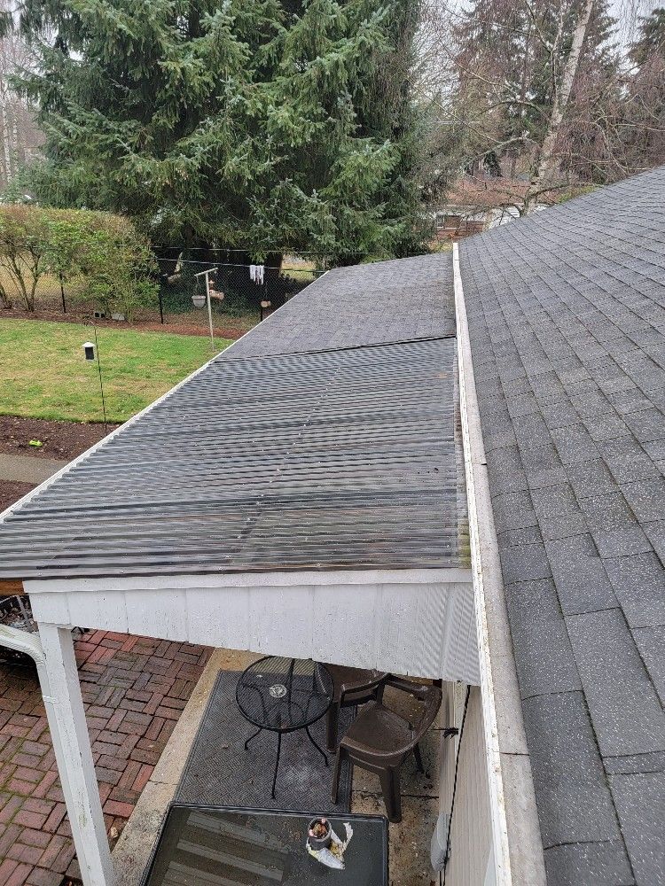 There is a gutter on the roof of a house.