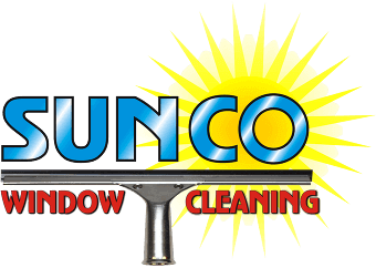 Sunco Window Cleaning logo with blue text, a squeegee, and a yellow sunburst.