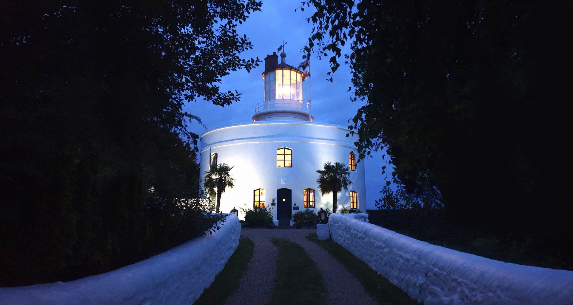 The front of the West Usk Lighthouse in the evening.