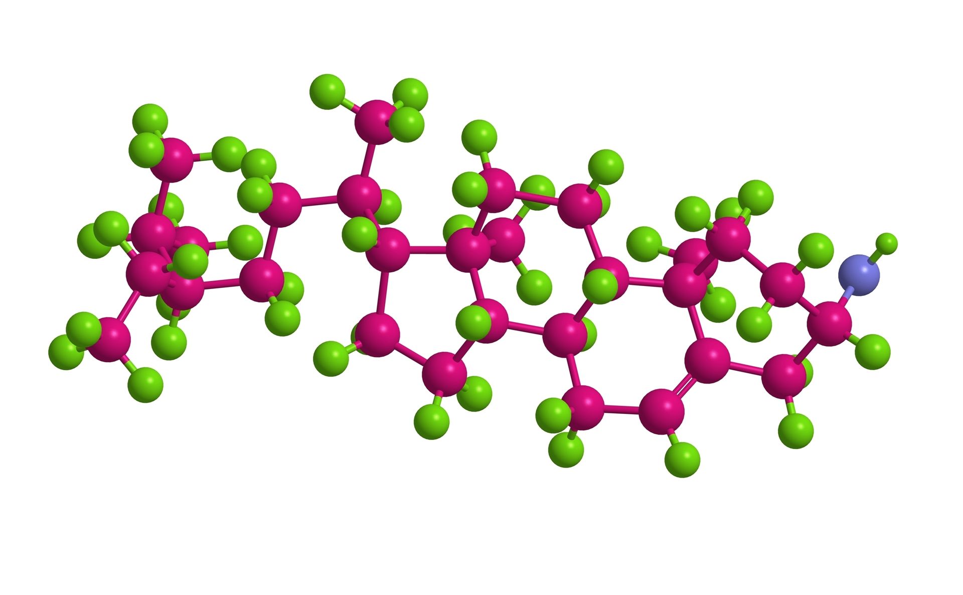 A 3d model of a molecule with pink and green balls on a white background.
