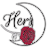 &ldquo;Hers&rdquo; script with a red rose inside a crescent moon outline