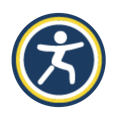 Blue runner silhouette with white dots on yellow shield.
