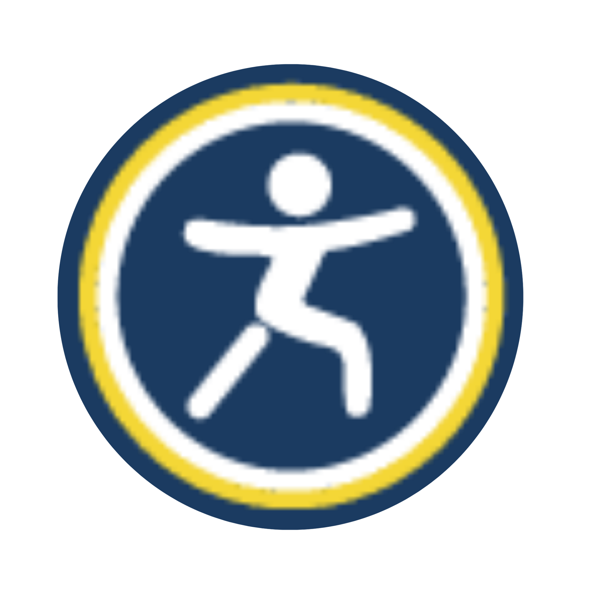 Blue runner silhouette with white dots on yellow shield.